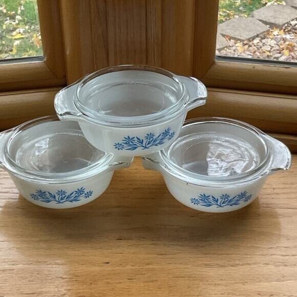 Three Vintage Fire King Blue Cornflower Mini Casserole Covered Dish 6 Oz - Picture 3 of 8